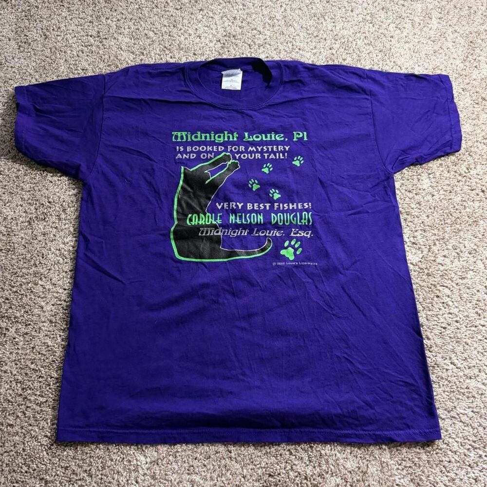 Vintage Midnight Louie PI T Shirt XL 2000 Cat Graphic Double Sided Gildan Ultra